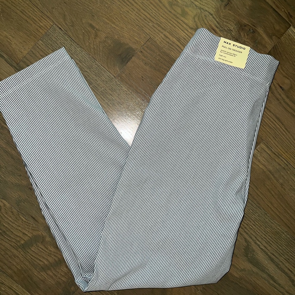 NWT Max Studio Womens High Rise Striped Pants Slim Leg Elastic Waist SZ XS